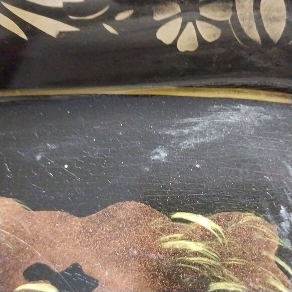 Vintage Metal Toleware Tray Woman Feeding Swan Black Gold Mid-Century Hand Paint - Picture 6 of 9